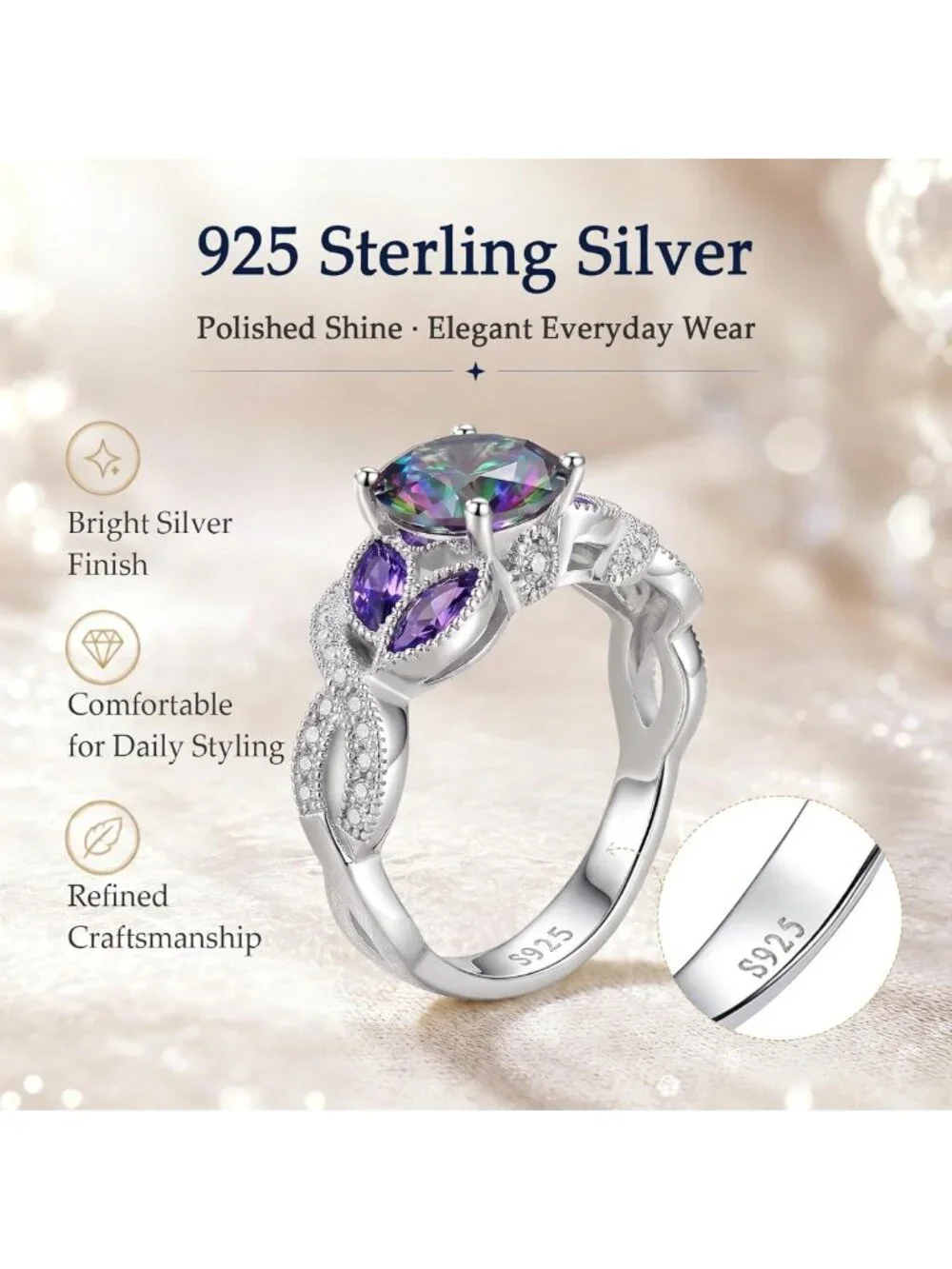 Stunning 3.6ct Sterling Silver Rainbow Topaz & Sapphire Engagement Ring, Size